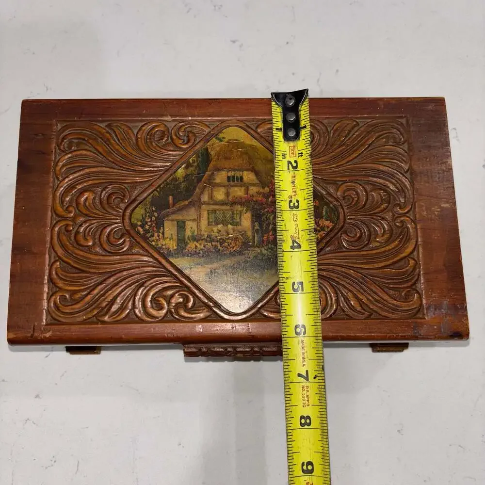 Vintage Hand-Carved Cedar Wood Jewelry Trinket Box with Cottage Farm Scene Inlay